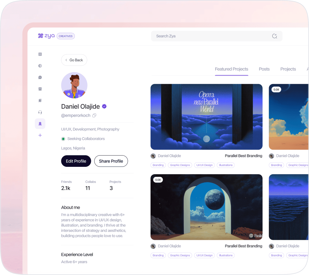 Zya interface showing a verified creative profile and portfolio