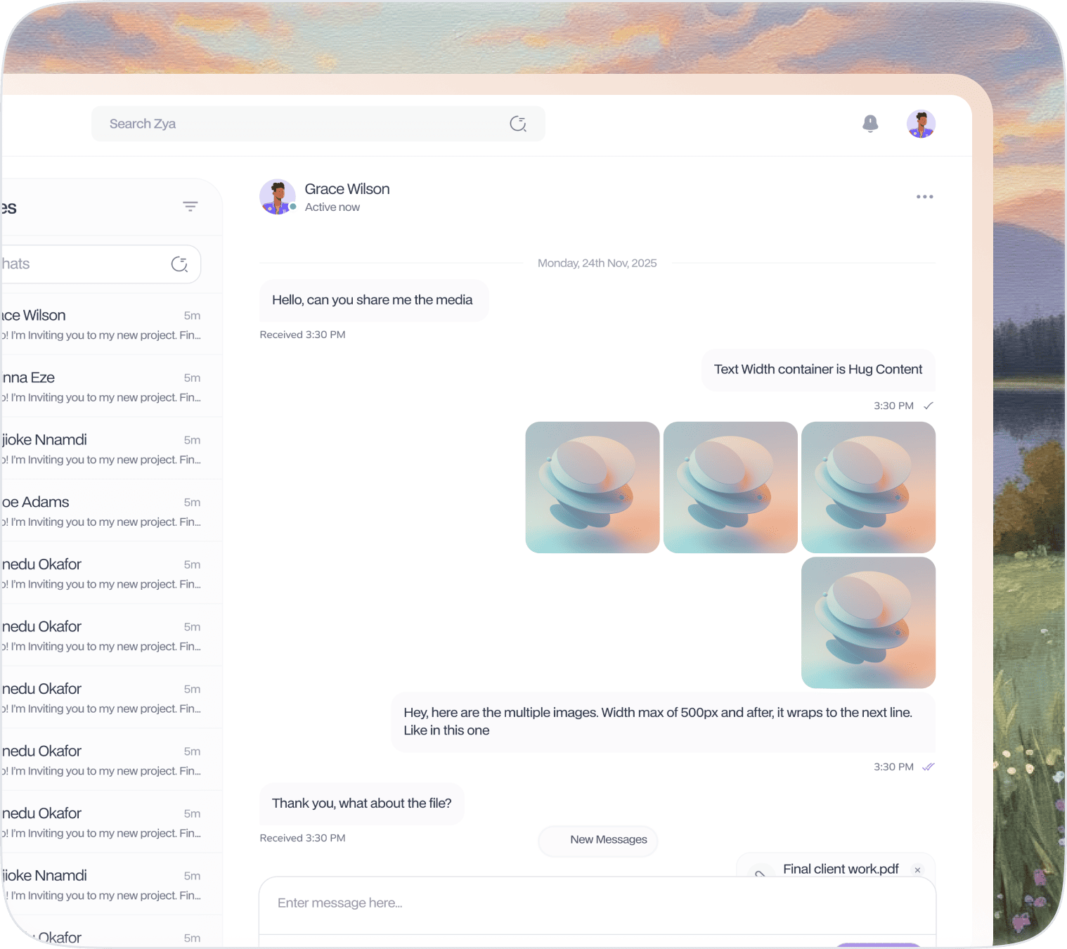 Zya messaging interface showing structured professional conversations