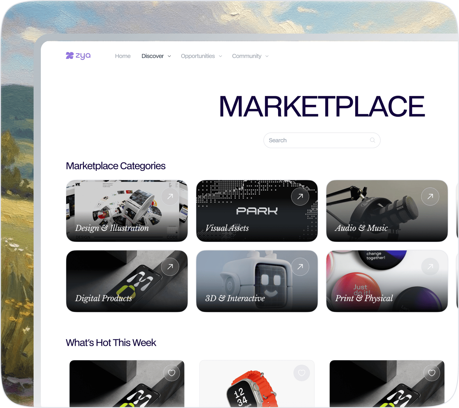 Zya marketplace interface showing digital products and services