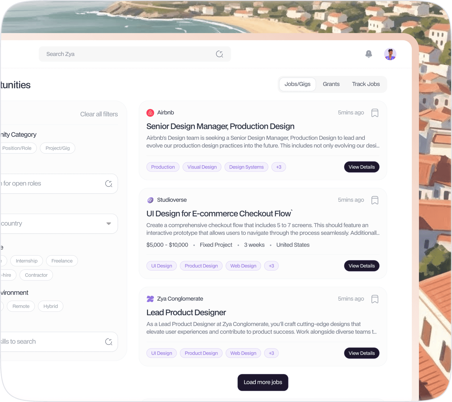 Zya opportunities interface showing job listings and collaborations